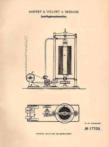 Original Patentschrift - Sarfert & Vollert in Meerane i.S. , 1881 , Centrifugal - Waschmaschine , Wäscherei !!!