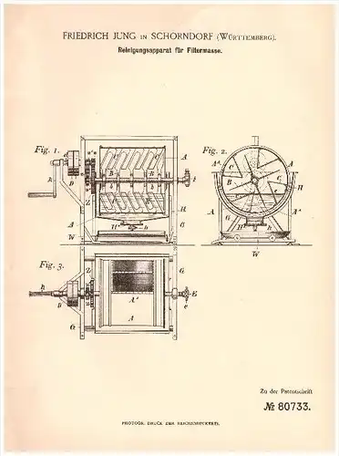 Original Patentschrift - Friedrich Jung in Schorndorf , Württ.,1894, Reinigungsapparat für Brauerei , Bier , Soda !!!