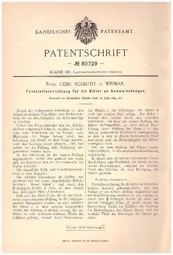 Original Patentschrift - Gebr. Schmidt in Weimar , 1894 , Schweinetrog , Schweinezucht , Schweine , Tierzucht , Agrar !!