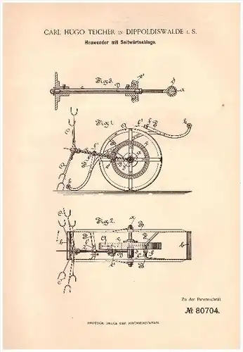 Original Patentschrift - Carl Hugo Teicher in Dippoldiswalde i.S. , 1894 , Heuwender , Landwirtschaft , Agrar !!!