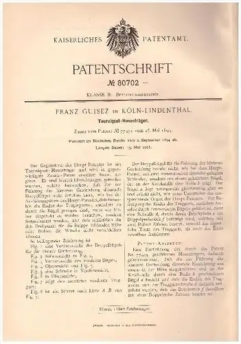 Original Patentschrift -  Franz Guisez in Köln - Lindethal , 1894 , Tourniquet - Hosenträger !!!