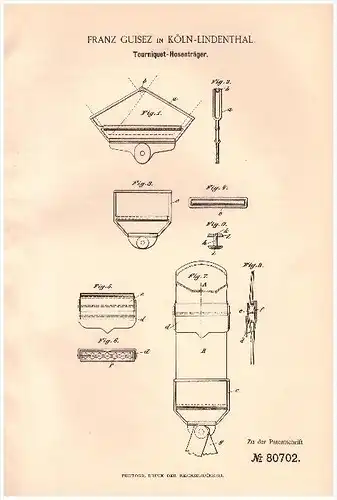 Original Patentschrift -  Franz Guisez in Köln - Lindethal , 1894 , Tourniquet - Hosenträger !!!