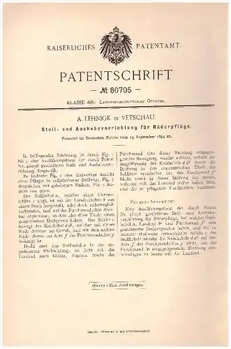 Original Patentschrift - A. Lehnigk in Vetschau / Spreewald , 1894 , Apparat für Räderpflüge , Pflug , Landwirtschaft !!