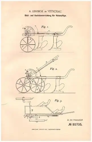 Original Patentschrift - A. Lehnigk in Vetschau / Spreewald , 1894 , Apparat für Räderpflüge , Pflug , Landwirtschaft !!