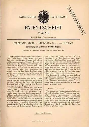 Original Patentschrift - F. Adler in Neudorf b. Guttau / Malschwitz , 1888 , Trockner für Pappe , Papierfabrik , Spree !