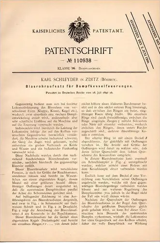 Original Patentschrift - Karl Schleyder in Zditz / Zdice , 1897 , Blasrohraufsatz für Dampfkessel , Dampfmaschine !!!