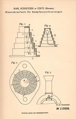 Original Patentschrift - Karl Schleyder in Zditz / Zdice , 1897 , Blasrohraufsatz für Dampfkessel , Dampfmaschine !!!