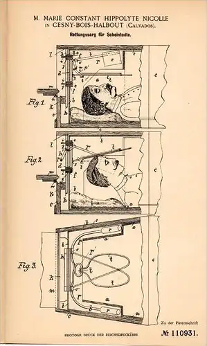 Original Patentschrift - M. Nicolle en Cesny Bois Halbout ,1899 , Coffin pour les morts-vivants , enterrement, cimetière