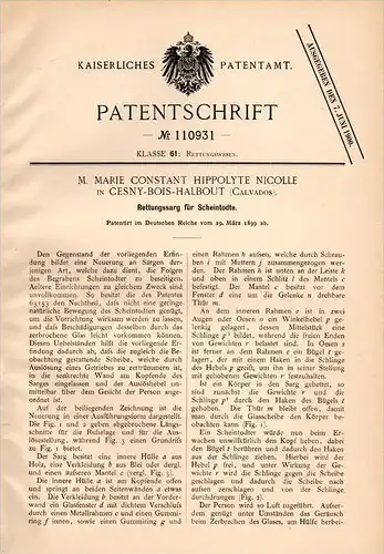 Original Patentschrift - M. Nicolle en Cesny Bois Halbout ,1899 , Coffin pour les morts-vivants , enterrement, cimetière