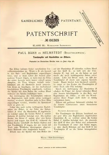 Original Patentschrift - Paul Bähr in Helmstedt , 1892 , Tondämpfer für Zither , Harfe , Musik , Instrument !!!