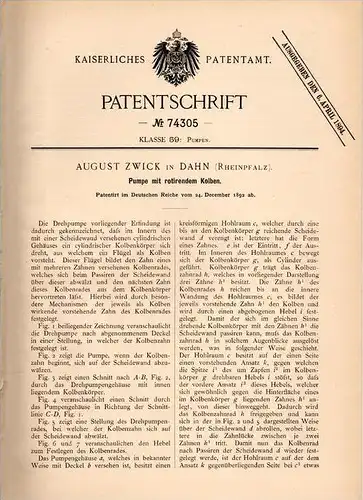 Original Patentschrift - A. Zwick in Dahn , 1892 , Pumpe mit rotierendem Kolben !!!