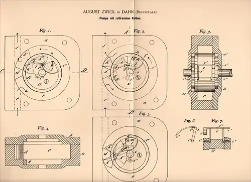 Original Patentschrift - A. Zwick in Dahn , 1892 , Pumpe mit rotierendem Kolben !!!