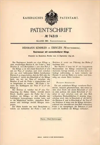 Original Patentschrift - H. Kemmler in Ebingen b. Albstadt , 1893 , Rasiermesser , Barbier , Rasur , Bart , Friseur !!!