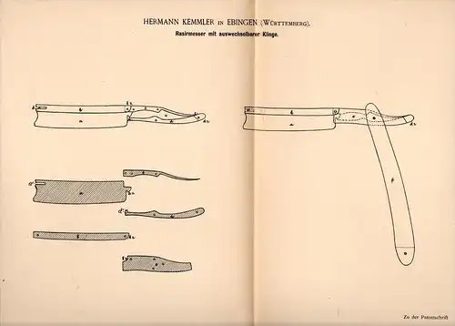 Original Patentschrift - H. Kemmler in Ebingen b. Albstadt , 1893 , Rasiermesser , Barbier , Rasur , Bart , Friseur !!!