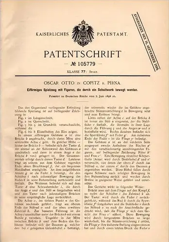 Original Patentschrift - O. Otto in Copitz b. Pirna , 1898 , Spielzeug - Ei mit Figuren und Schaltwerk !!!