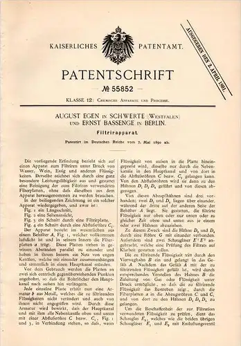 Original Patentschrift -A. Egen und E. Bassenge in Schwerte i.W., 1890 , Filtrierapparat , Wein , Essig , Berlin !!!