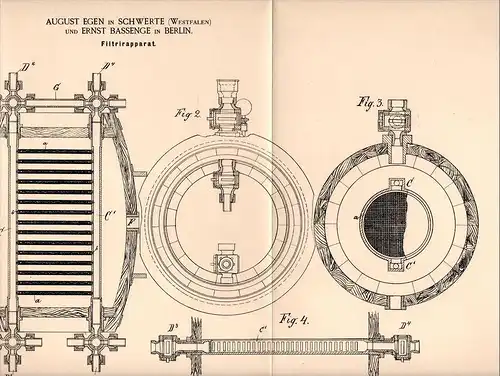 Original Patentschrift -A. Egen und E. Bassenge in Schwerte i.W., 1890 , Filtrierapparat , Wein , Essig , Berlin !!!