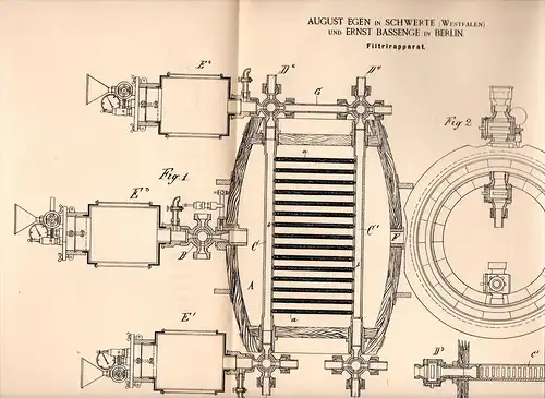 Original Patentschrift -A. Egen und E. Bassenge in Schwerte i.W., 1890 , Filtrierapparat , Wein , Essig , Berlin !!!