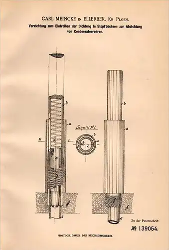 Original Patentschrift - Carl Meincke in Ellerbek , 1902 , Abdichtung für Condensatorrohre , Kondensator , Plön !!!