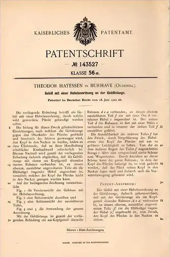 Original Patentschrift - Th. Hayessen in Burhave b. Butjadingen ,1902, Gebiß mit Gebißstange für Pferde , Pferd , Reiten