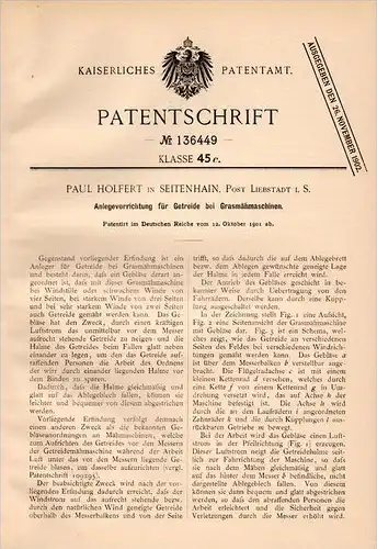Original Patentschrift - P. Holfert in Seitenhain b. Liebstadt i.S., 1901 , Apparat für Grasmähmaschinen , Getreide !!!