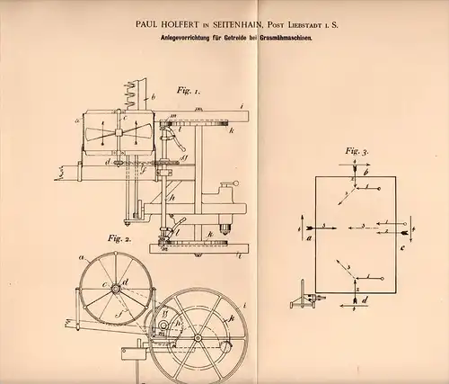 Original Patentschrift - P. Holfert in Seitenhain b. Liebstadt i.S., 1901 , Apparat für Grasmähmaschinen , Getreide !!!