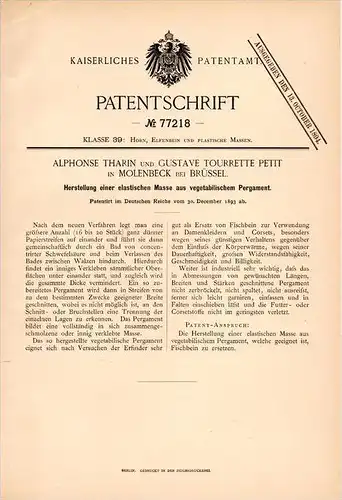 Original Patentschrift - A. Tharin und G. Petit in Molenbeek b. Brüssel , 1893 , elastische Masse aus Pergament , Corset