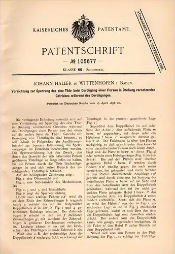 Original Patentschrift - J. Haller in Wittenhofen , 1899, Sperre für drehtür , Tür , Türenbau , Fensterbau !!!