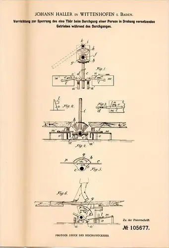 Original Patentschrift - J. Haller in Wittenhofen , 1899, Sperre für drehtür , Tür , Türenbau , Fensterbau !!!