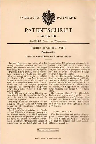 Original Patentschrift - Brüder Demuth in Wien , 1898 , Flechtmaschine , Flechterei , Flechten !!!