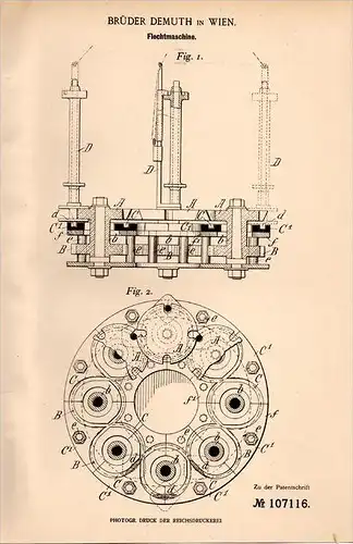Original Patentschrift - Brüder Demuth in Wien , 1898 , Flechtmaschine , Flechterei , Flechten !!!
