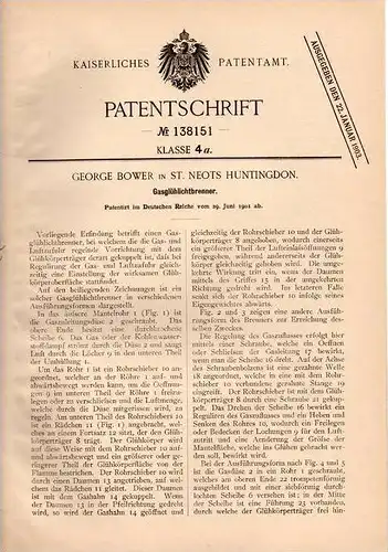 Original Patentschrift - G. Bower in St. Neots Huntingdon , 1901 , incandescent burner , light bulb , lamp !!!