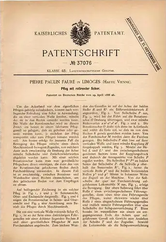 Original Patentschrift - P. Faure in Limoges , Haute Vienne , 1886 , Pflug , Agrar , Landwirtschaft !!!