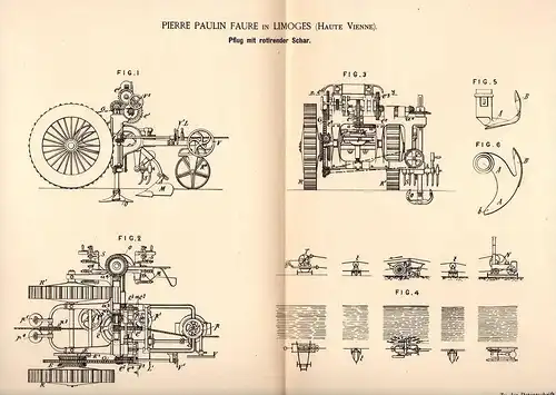 Original Patentschrift - P. Faure in Limoges , Haute Vienne , 1886 , Pflug , Agrar , Landwirtschaft !!!