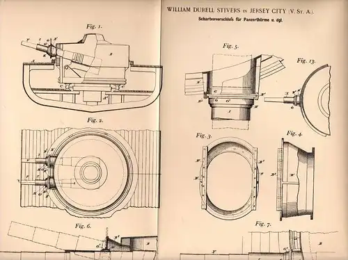 Original Patentschrift - Schartenverschluß für Panzer , Panzerturm , 1898 , W. Stivers in Jersey City , USA !!!