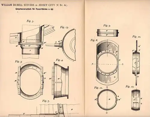Original Patentschrift - Schartenverschluß für Panzer , Panzerturm , 1898 , W. Stivers in Jersey City , USA !!!