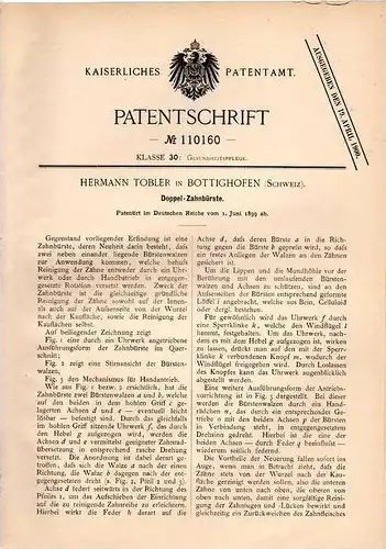 Original Patentschrift - H. Tobler in Bottighofen , 1899 , Doppel - Zahnbürste , Zahnarzt !!!