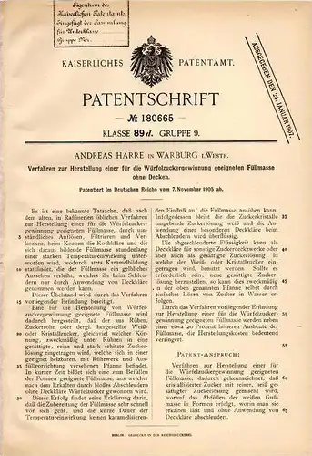 Original Patentschrift - A. Harre in Warburg i. Westf. b. Höxter , 1905 , Füllmasse für Würfelzucker , Zucker !!!
