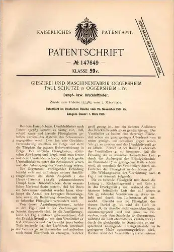 Original Patentschrift - Paul Schütze in Oggersheim i. Pfalz , 1901 , Dampf- und Druckluftheber !!!
