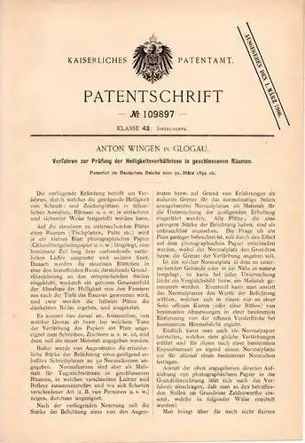 Original Patentschrift - Anton Winger in Glogau , 1899 , Prüfung der Helligkeit in Räumen , Belichtung , G&#322;ogów !!!
