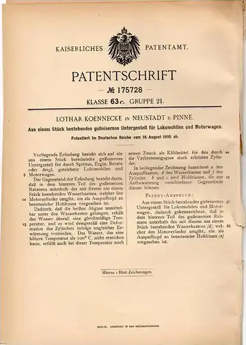 Original Patentschrift - L. Koennecke in Neustadt b. Pinne , 1905 , Gestell aus Gußeisen für Lokomobile und Motorwagen