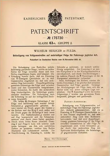 Original Patentschrift - W. Heiliger in Fulda , 1905 , Reifen , Vollgummireifen für Fahrzeuge !!!