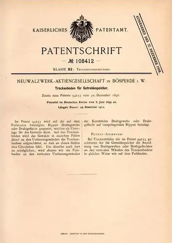 Original Patentschrift - Neuwalzwer AG in Bösperde i.W. , 1899 , Trockenboden für Getreidespeicher , Menden !!!