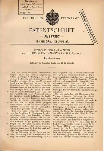 Original Patentschrift - L. Diskant in Wien und Nagy-Kanisza , 1905 , Brettchenvorhang , Jalousie !!!