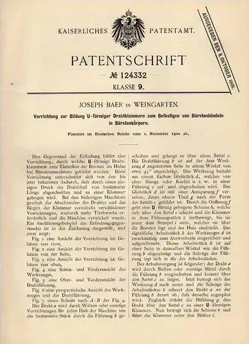 Original Patentschrift - J. Baer in Weingarten , 1900 , Klammern für Bürsten  !!!