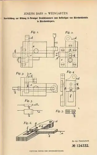 Original Patentschrift - J. Baer in Weingarten , 1900 , Klammern für Bürsten  !!!