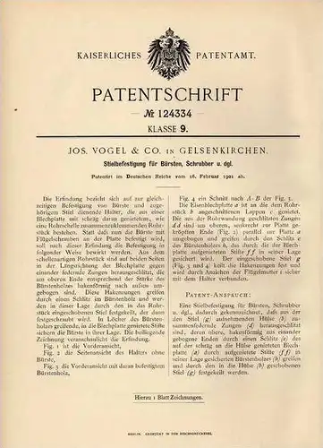 Original Patentschrift - J. Vogel & Co in Gelsenkirchen , 1901 , Stielbefestigung für Bürsten , Schrubber !!!