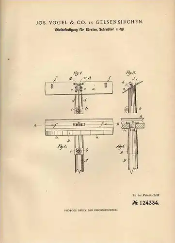 Original Patentschrift - J. Vogel & Co in Gelsenkirchen , 1901 , Stielbefestigung für Bürsten , Schrubber !!!