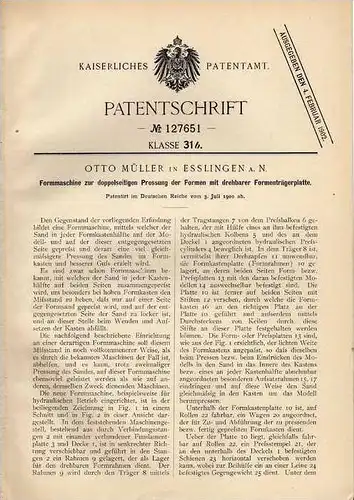 Original Patentschrift - O. Müller in Esslingen , 1900 , Formmaschine für doppelseitige Pressung , Presse !!!