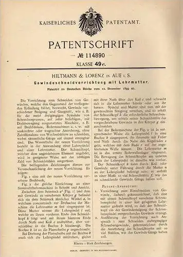 Original Patentschrift - Hiltmann & Lorenz in Aue i.S., 1899 , Gewindeschneider mit Lehrmutter , Metallbau , Schlosserei